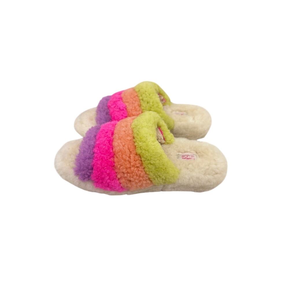 UGG Fluff Yeah Slide Cream Neon Rainbow Slip On Shoes Size Women's 6